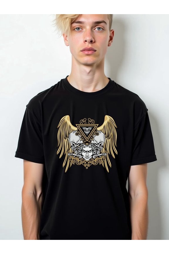 Golden Skull Wings Tee for men round neck T-shirt black short graphic tees Hip-hop street style Fashion Unisex Shirt Printed tshirts