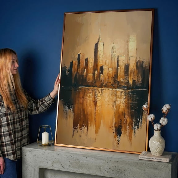 Golden Skyline City Reflection Urban Travel Inspired Office Decor Wall Decor Unframed Paper Print