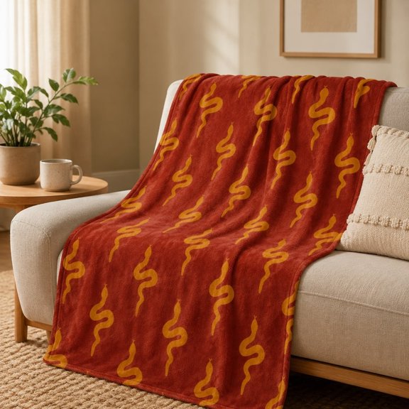 Golden Snake Pattern Fleece Blanket – Bold Boho Retro Throw, Mustard & Terracotta, 4 Sizes