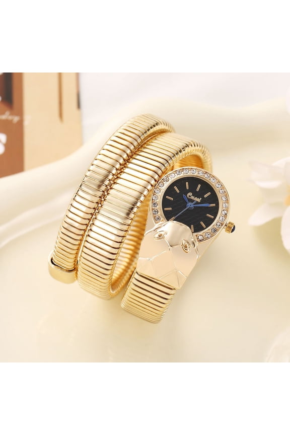 Golden Snake Wrap Bangle Watch with Black Dial, Elegant Women’s Statement Wristwatch