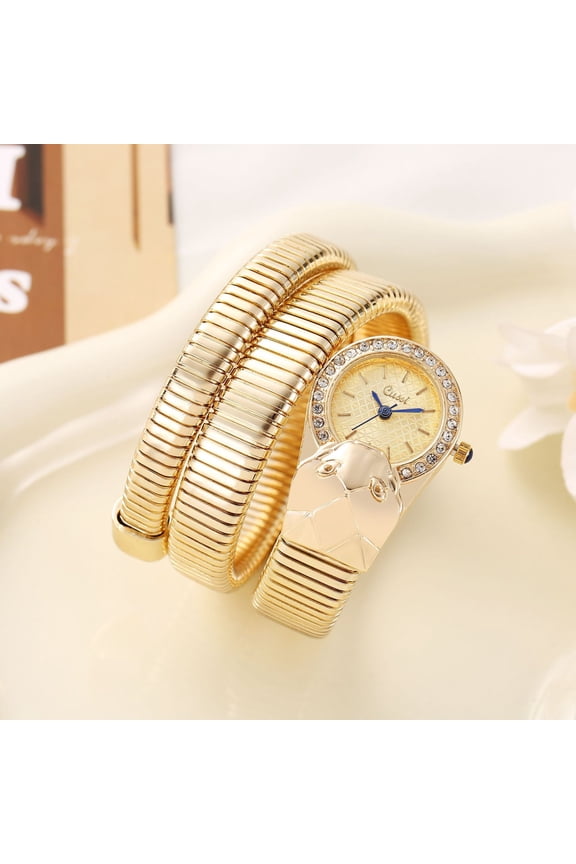 Golden Snake Wrap Bangle Watch with Golden Dial, Luxury Women’s Quartz Wristwatch