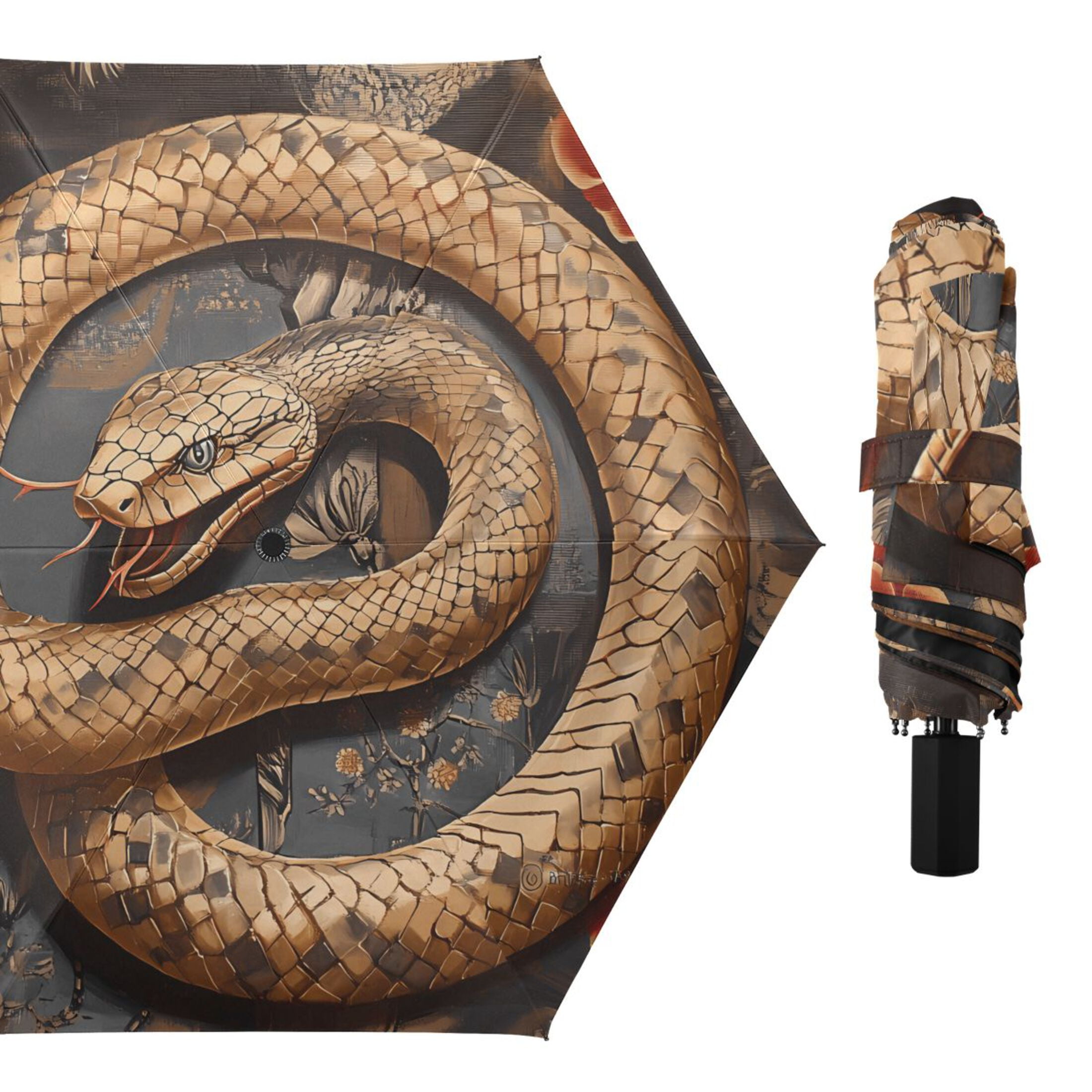 Golden Snake and Rose Compact Sun Umbrella Windproof Travel Umbrellas for Rain Strong Portable UV Protection