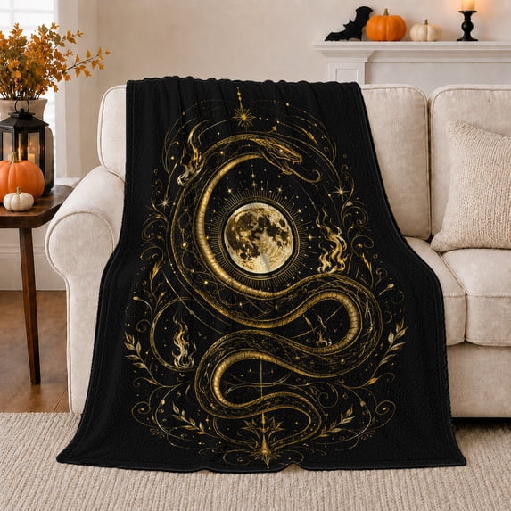 Golden Snake around Full Moon and Stars, Gothic Celestial Style for Serpent Lovers, Dark Lunar Scene and Halloween Gift, Soft Flannel Blanket for Study Room, Home Decor