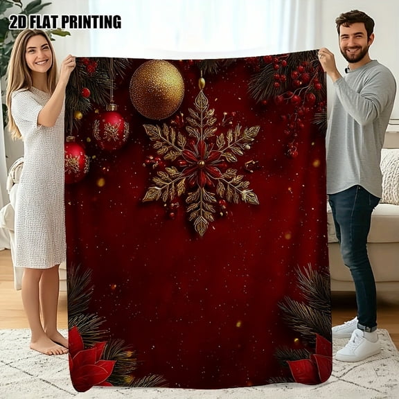 Golden Snowflake Bauble Print Flannel Throw Blanket, Choose From 30 x 40, 40 x 50, 50 x 60, 60 x 80 Inches, Soft Cozy Blanket for Sofa