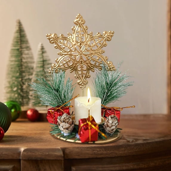 Golden Snowflake Wrought Iron Window Display Candle Tray – Christmas Holiday Table Centerpiece Holder for Pillar Taper Candles Entryway Dining Room Decor
