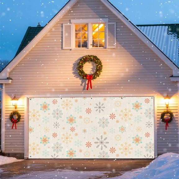 Golden Snowflakes Garage Door Banner Covers, Christmas Linen Winter Rustic Large Hanging Indoor/Outdoor Backdrop Background for Christmas Winter Party Decor, 6x13 FT