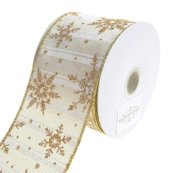 Golden Snowflakes Metallic Striped Wired Christmas Holiday Ribbon, White, 2-1/2-Inch, 10-Yard