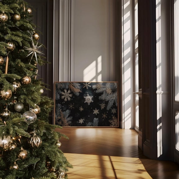 Golden Snowflakes and Pine Winter Holiday Art, wall decor, home decor, art print, gallery wall, living room art, statement artwork, interior decor, vintage artwork, Unframed Poster 8x12