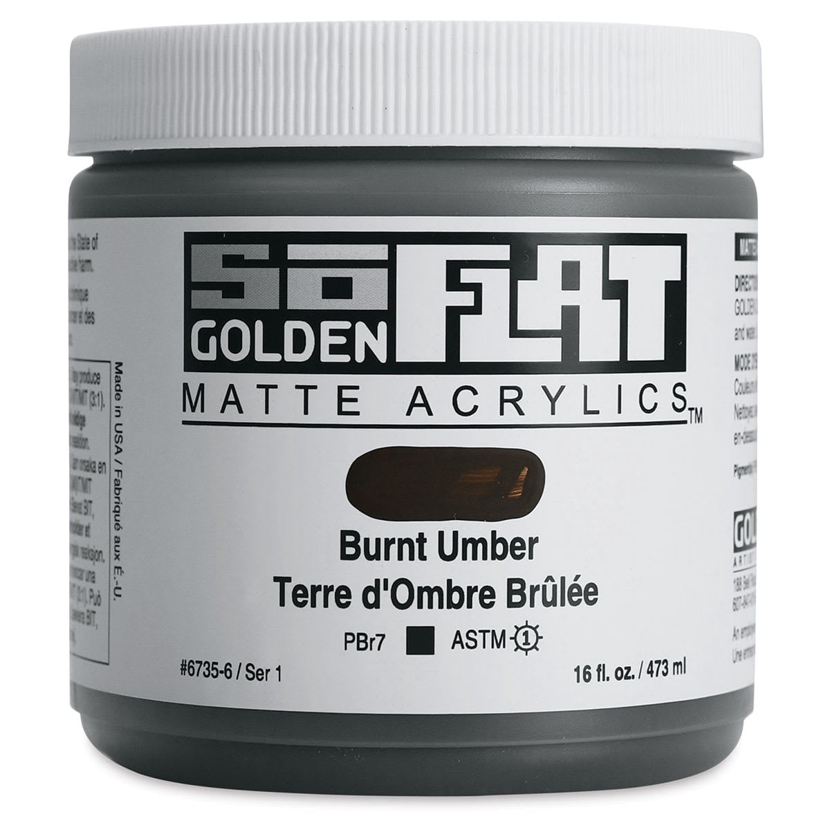 Golden SoFlat Matte Acrylic Paint - Burnt Umber, 473 ml, Jar