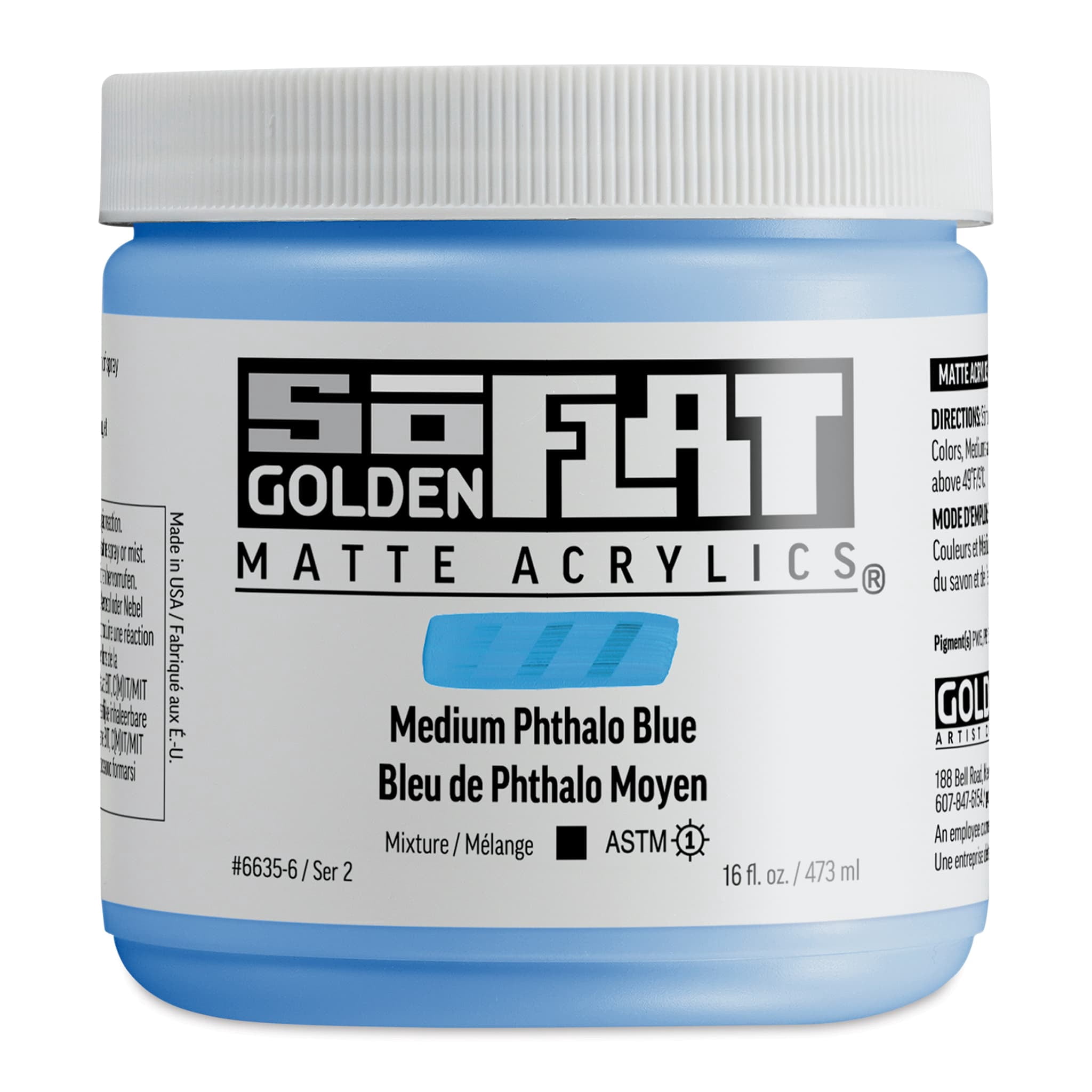 Golden SoFlat Matte Acrylic Paint - Medium Phthalo Blue, 473 ml, Jar