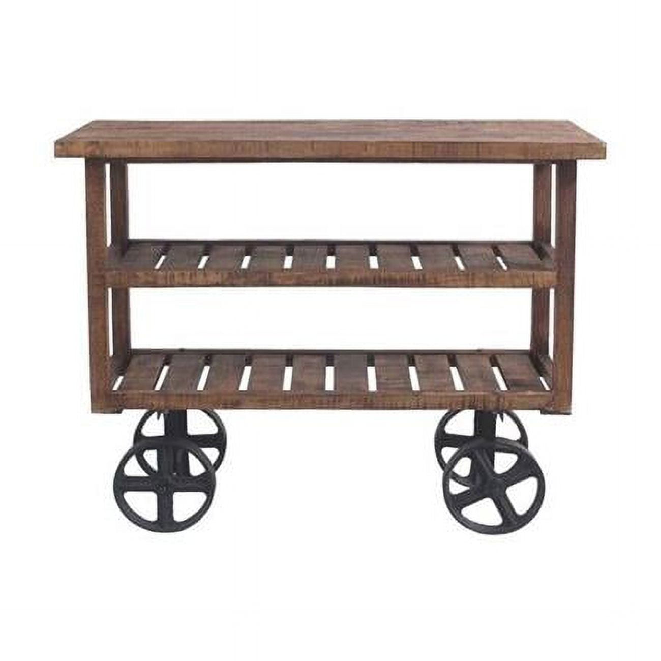 Rustic Industrial Mango Wood Console on Cast Iron Wheels with Storage