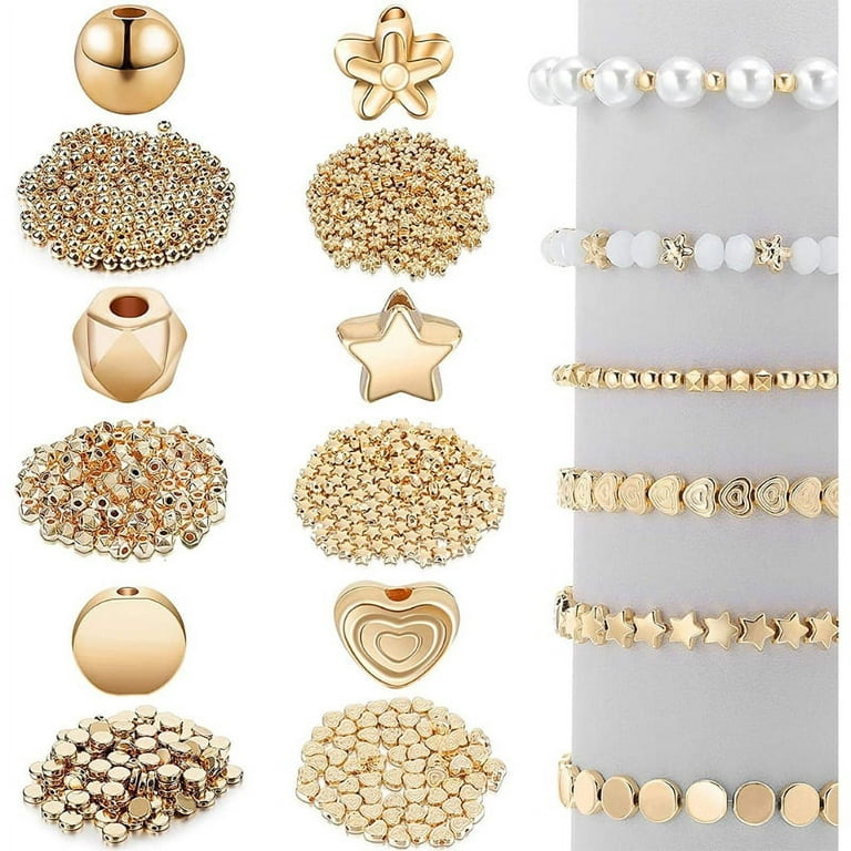 Golden Spacer Beads False Pearl Beads for Jewelry Making Flat Round Pony  Beads Elastic String for Bracelet Making 