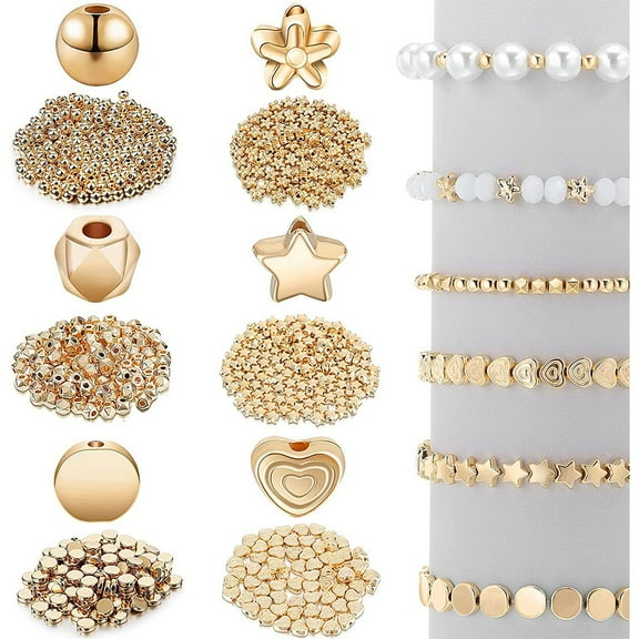 Golden Spacer Beads False Pearl Beads for Jewelry Making Flat Round for Beads Elastic String for Making