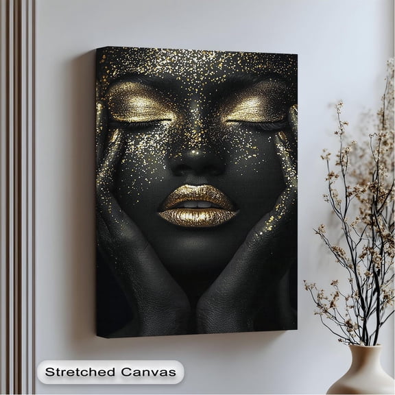 Golden Spark Wall Art Glam Black And Gold Glitter Face Art With White Luxury Modern Artwork