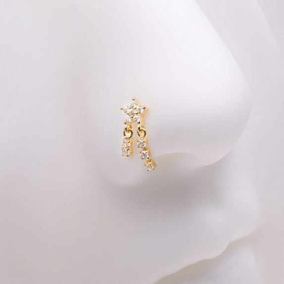 Golden Sparkle Flower Dangle Gem Drop L-Shaped Nose Ring