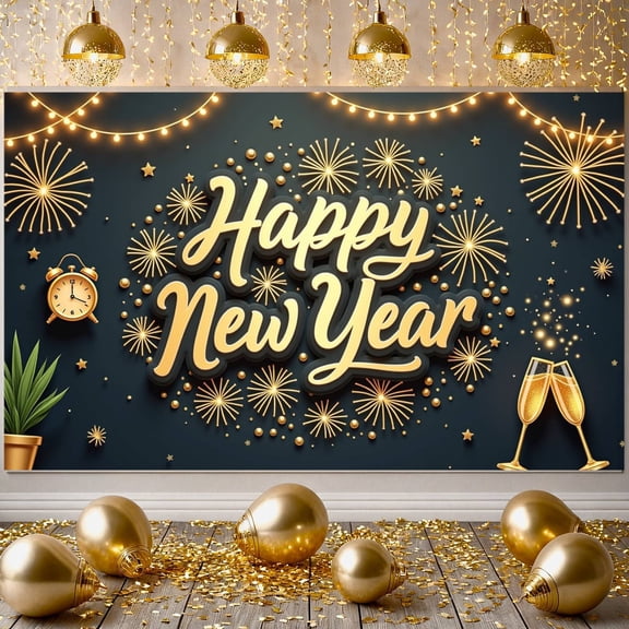Golden Sparkle Happy New Year Banner Firework Design New Year Display Star Pattern Clock Festive Backdrop for New Year Party Holiday Celebration Year-end Event