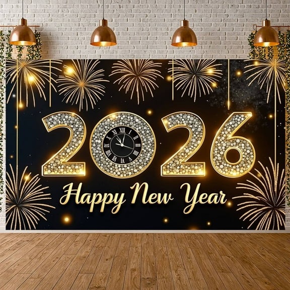 Golden Sparkling New Year Banner Firework Design 2026 Display Studded Clock Element Happy New Year Backdrop for New Year Party 2026 Celebration NYE Event