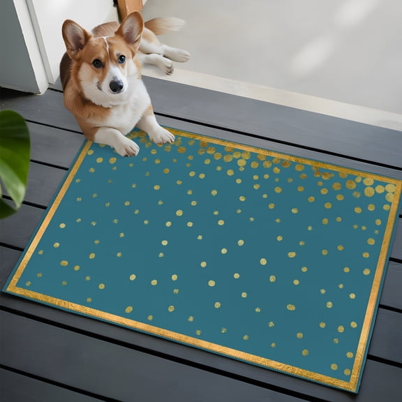 Golden Speckle Small Area Rugs 2x3 Luxe Gold Frame Foil Polka Dot Teal Entryway Rugs Washable Door Mat, Low-Profile Area Rugs Non Slip Floor Carpet for Living Room Bedroom Home Office