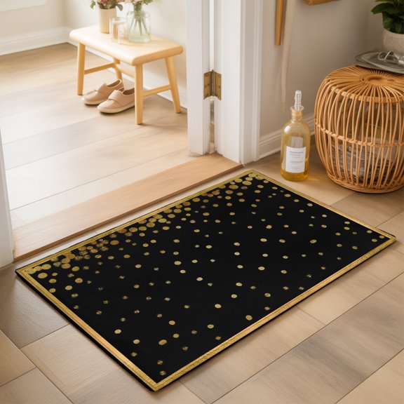 Golden Speckle Washable Small Entryway Area Rugs 2'x3', Luxe Gold Frame Foil Polka Dot Black Washable Throw Rug Non-Slip Sturdy Edge Binding Carpet for Front Door Floor Room Entry