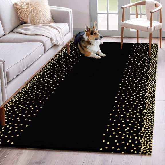 Golden Speckles Grain Washable Area Rug 4x6 Modern Minimalist Dots Black Background Low-Profile Large Area Rugs with Non Slip Backing Indoor Floor Carpet for Entrance Living Room Bedroom Home Office