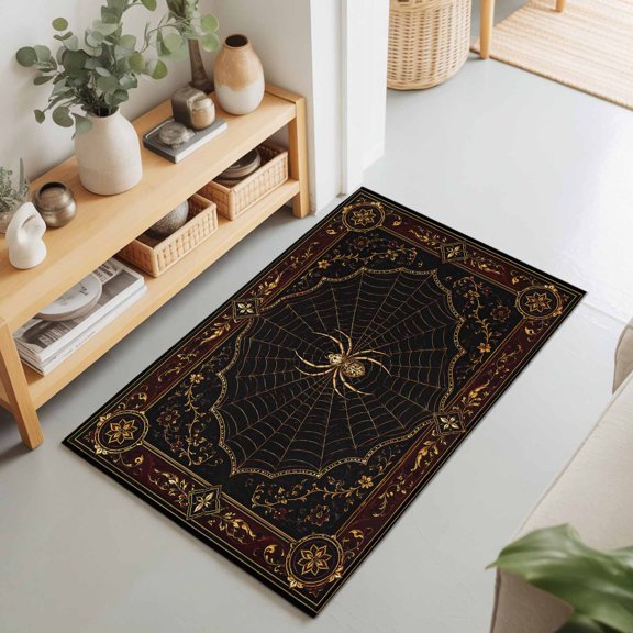 Golden Spiders 2'x3' Rug for Entryway Front Door Kitchen Sink Area, Vintage Gold Web Insects Damask Border Black Low Pile Washable Non Slip Rectangle Area Rug for Living Room