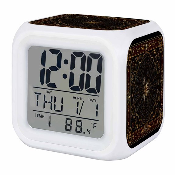 Golden Spiders Alarm Clock, Vintage Gold Web Insects Damask Border Black Digital Clock Night Light with 7 Color, Calendar Temperature Display, LED Desk Small Clock for Bedrooms Bedside Living Room