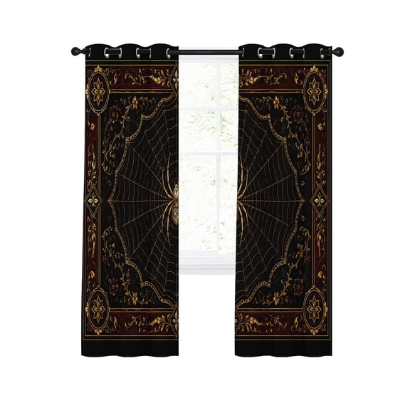 Golden Spiders Blackout Curtains for Bedroom Living Room, Vintage Gold Web Insects Damask Border Black 84 In Long Thermal Insulated Room Darkening Drapes Grommet Window Treatments, 52 x 84 In
