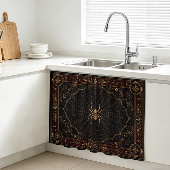 Golden Spiders Cabinet Curtains for Kitchen 10"W x 11"L, Vintage Gold Web Insects Damask Border Black Under Sink Skirt Magic Tape Short Curtain Decorative Privacy Panel for Bathroom Laundry