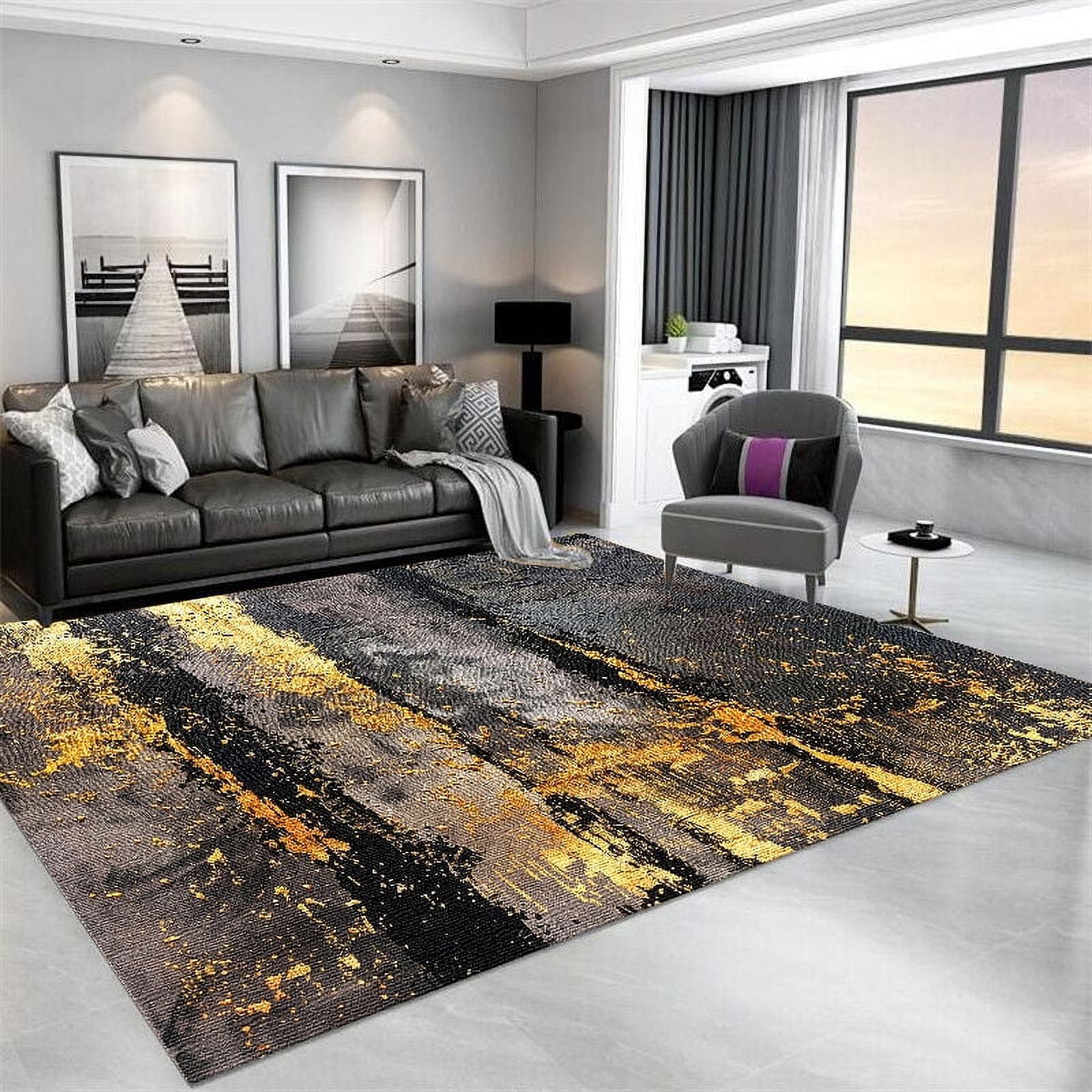 Golden Splash-ink Living Room Carpet Abstract Texture Rug for Bedroom ...