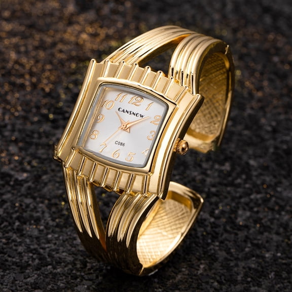 Golden Square Cuff Bangle Watch for Women Elegant Open Bracelet Quartz Wristwatch