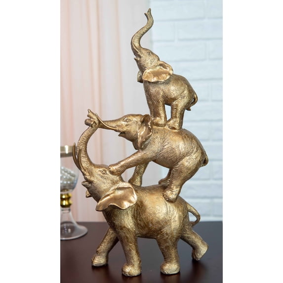 Golden Stacked Balancing Acrobatic Circus African Elephants Family Statue 15"H