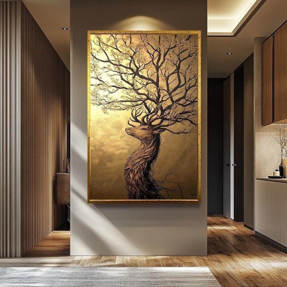 Golden Stag Tree Wall Art Abstract Nature Tree Branch Antlers Decoration, Unframed Paper Poster 11x14in