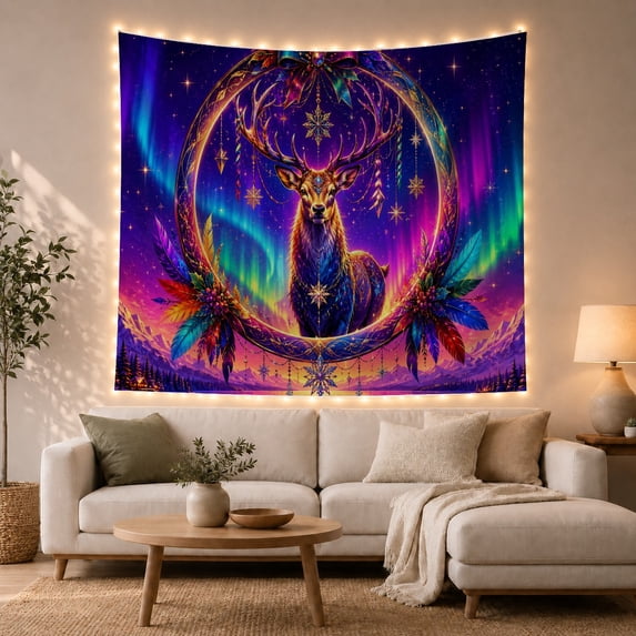 Golden Stag Within an Ornate Circle under Aurora Skies, Dreamy Fantasy for Wildlife Lovers, Northern Sky Art, Christmas Gift, Tapestry Wall Hanging for Bedroom and Living Room