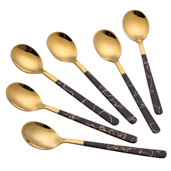 Golden Stainless Steel Black Spoon for Coffee Chocolate Afternoon Hot Tea Party, Silverware Flatware Teaspoon Sets 6Pack