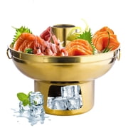 Golden Stainless Steel Ice Chilled Party Platter, Serving Tray with Dry Ice Underneath, Reusable Hotpot Cold Food Buffet Server for Fruit Snack Milk Tea Appetizer Ice Cream