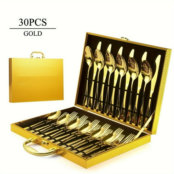 [Golden Stainless Steel Silverware] 30pcs Golden Stainless Steel Silverware Set with Gift Box, Mirror Polishing, Exquisite Wooden Box Packaging, 6 People Golden Knives, Forks And Spoons Flatware Set,