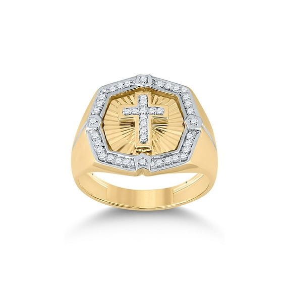 Golden Star 10kt Yellow Gold Mens Round Diamond Cross Ring 1/4 Cttw
