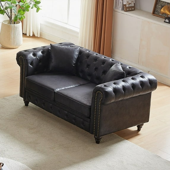 Contemporary 63.5" Chesterfield Sectional Sofa - Tech Fabric, 2 Pillows & Wooden Legs