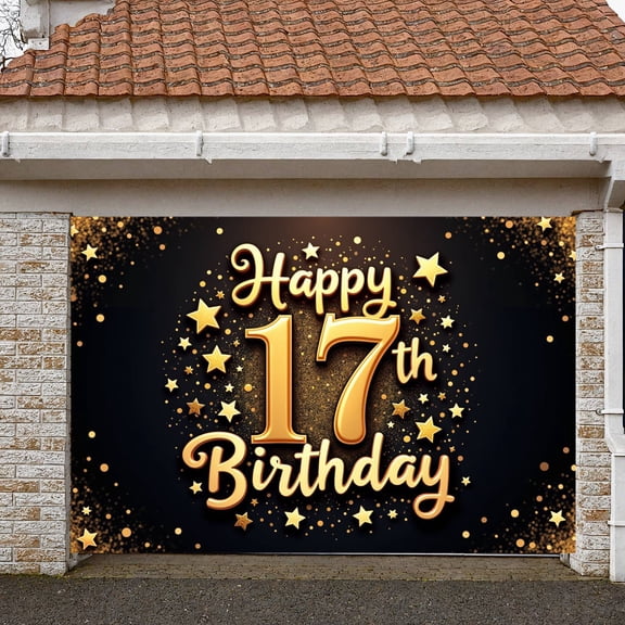 Golden Star 17th Birthday Banner Sparkling Glitter Display Black Background Gold Lettering 17th Party Backdrop for 17th Birthday Party Teen Celebration Party Decoration