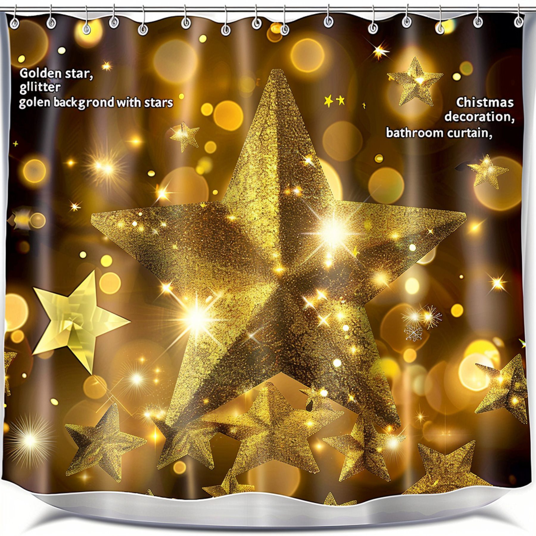 Golden Star Glitter Christmas Shower Curtain Sparkling Background with