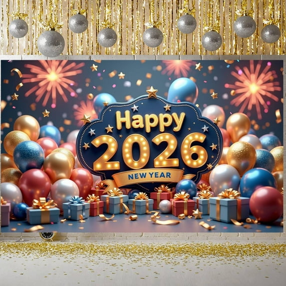 Golden Star Happy 2026 Banner Colorful Balloons New Year Backdrop Gift Boxes Fireworks 2026 Display for New Year Party Family Gathering Corporate Event