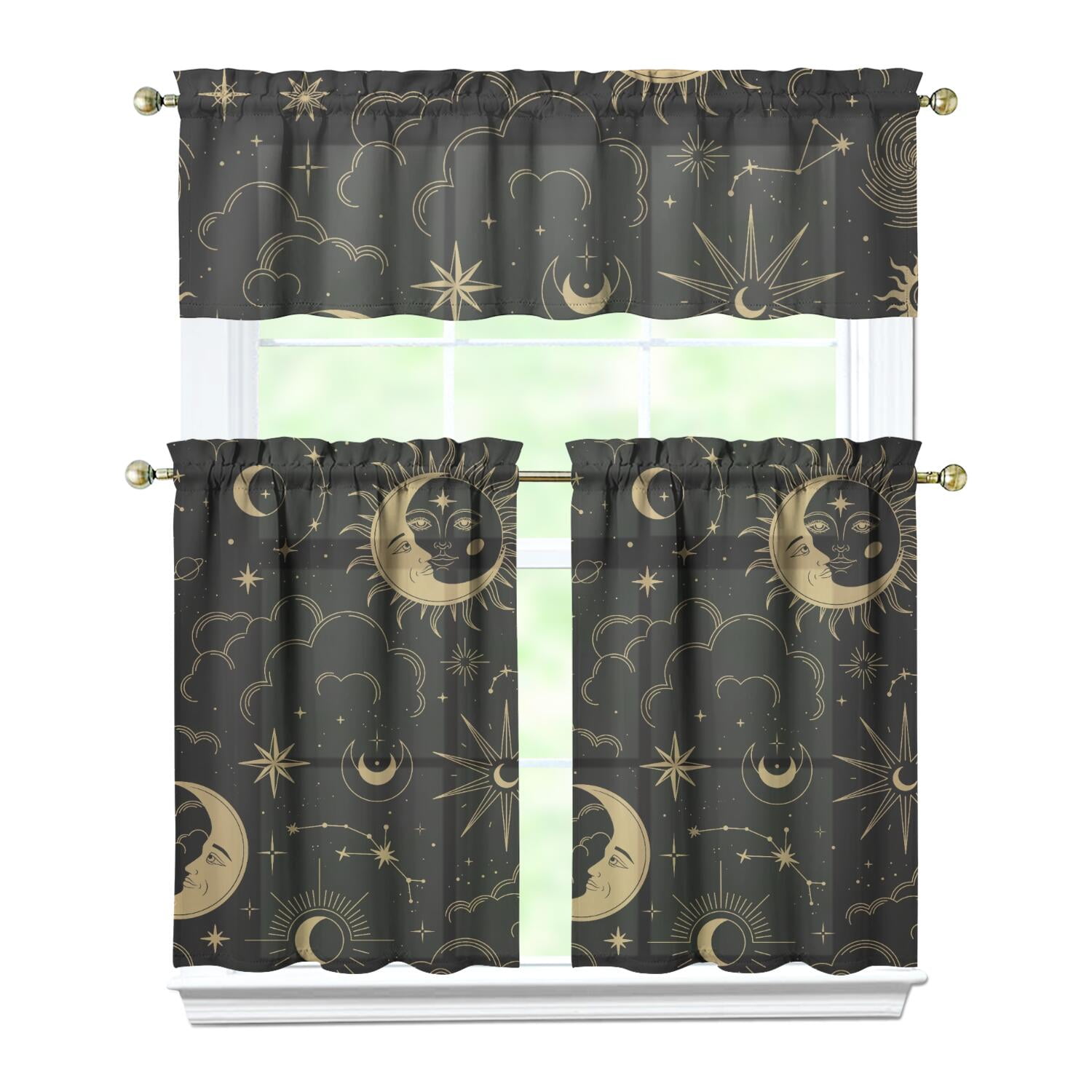 Golden Star Kitchen Curtains Set Gothic Celestial Sun Moon Astrology ...