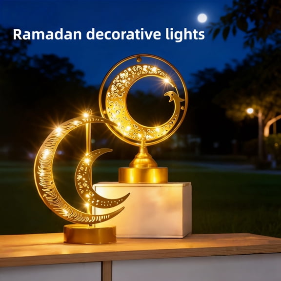 Golden Star Moon Ring Battery LED Night Light, Multi-Holiday Decorative Atmosphere Lamp, Portable Festive Lighting for Christmas Valentine Eid Easter Home Decor