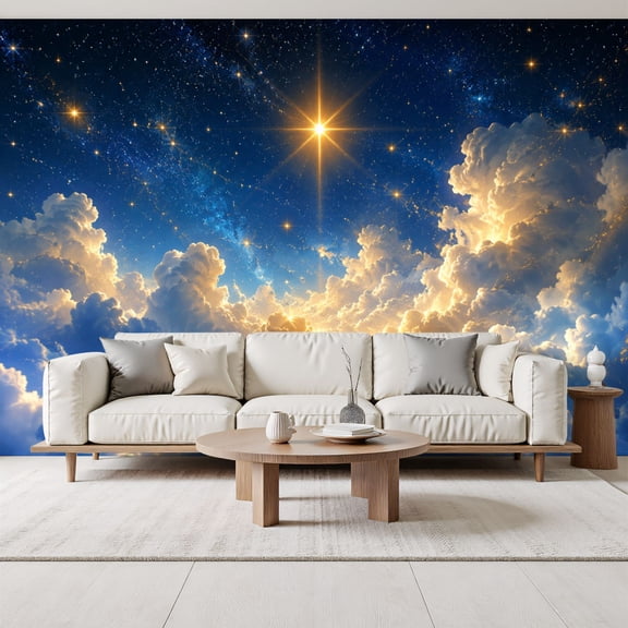 Golden Star Night Sky Glowing Clouds Dreamy Landscape Blue Peel and Stick Wall Murals 69"H x 96"W Removable PVC Wallpaper Self-Adhesive Wall Paintings for Bedroom Living Room