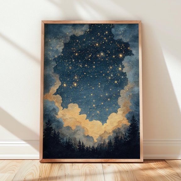 Golden Starfield Constellation Cloudscape Wall Art Star Map Sky Pine Forest Silhouette
