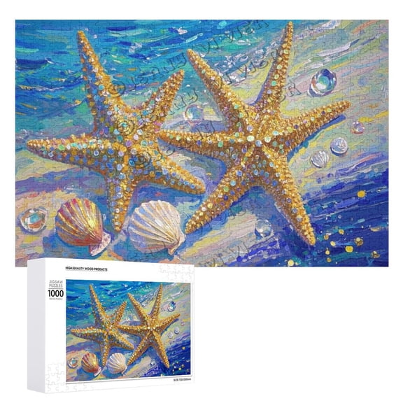 Golden Starfish and Seashell Puzzle  1000 pcs Wooden Jigsaw for Adults  Aesthetic Ocean-Inspired Puzzle Ideal for Coastal Decor and Gift Giving