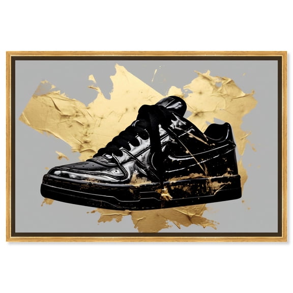 Golden Stark Black Sneaker Canvas Sneaker Art Prints by Notoriart, Gold Frame, 45" x 30"
