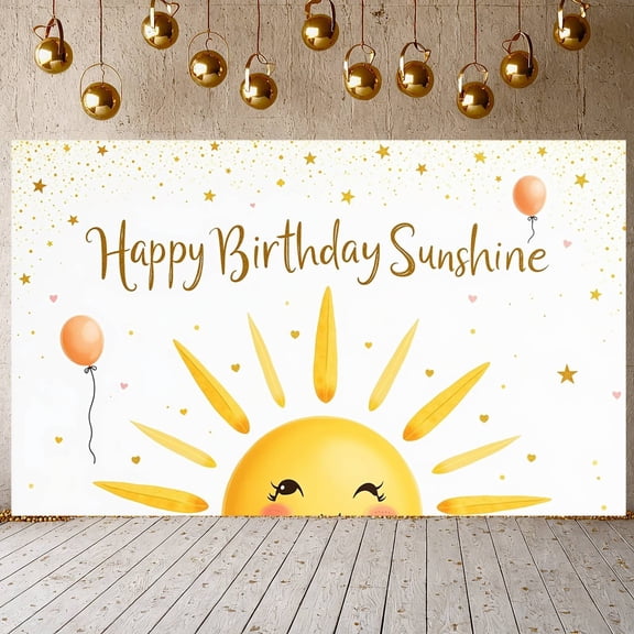 Golden Stars Banner Pink Hearts Sunshine Birthday Display Orange Balloons Smiling Sun Birthday Backdrop for Birthday Party Kids Party Photo Shoot