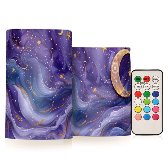 Golden Stars Crescent Moon Purple Wave Flickering Flameless Candles LED Tealight Battery Operated with Remote Set of 2 Holiday Decor Ornaments