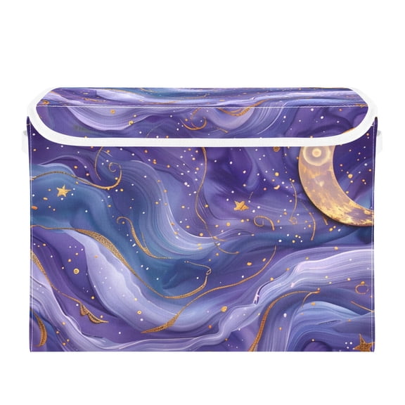 Golden Stars Crescent Moon Purple Wave Foldable Storage Bin with Lid and Handle Collapsible Storage Box 16.5 x 12.6 x 11.8 inches